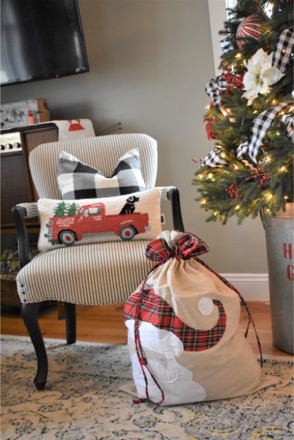 Santa sack, red truck pillow and a little buffalo check for the holidays